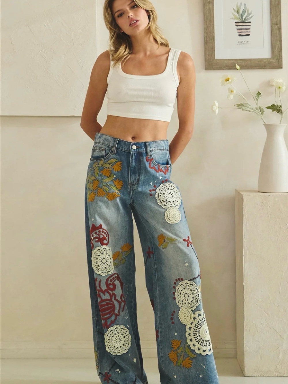 Washed Embroidery Wide Leg Denim Jeans - Picture 4 of 14